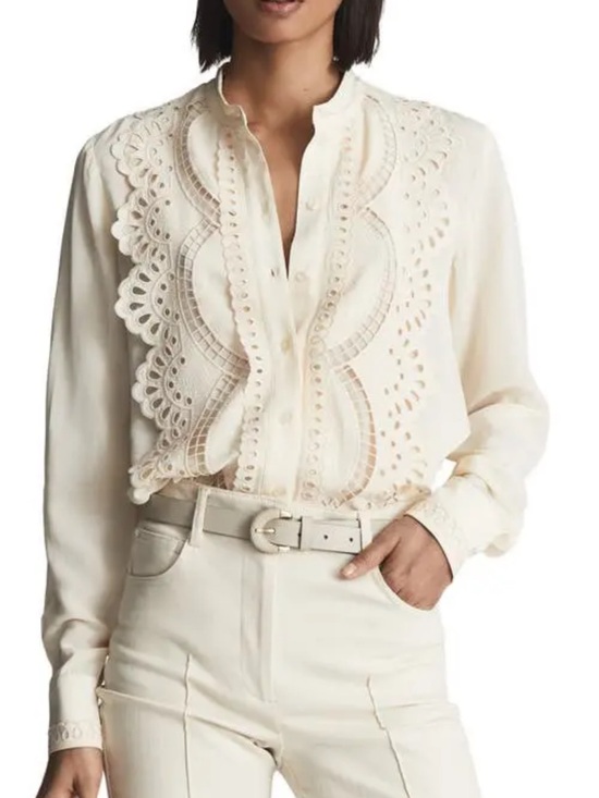 Reiss Tops - Reiss Karina Cream Eyelet Lace-Trim Button Blouse 8 NWT